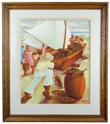 Picture of Fishermen Landing Boat with Catch, Oil on Linen, Jaime Mendes
