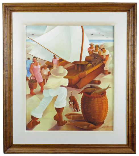 Picture of Fishermen Landing Boat with Catch, Oil on Linen, Jaime Mendes
