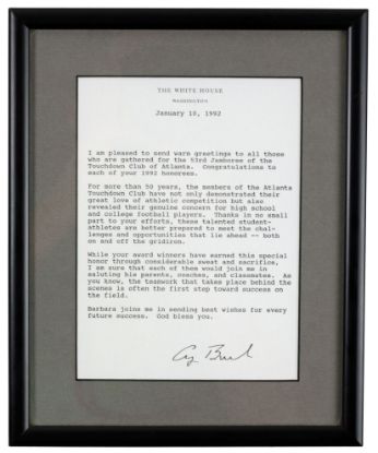 Picture of 1992 Presidential Letter of Congratulations to Touchdown Club of Atlanta, Signed George Bush