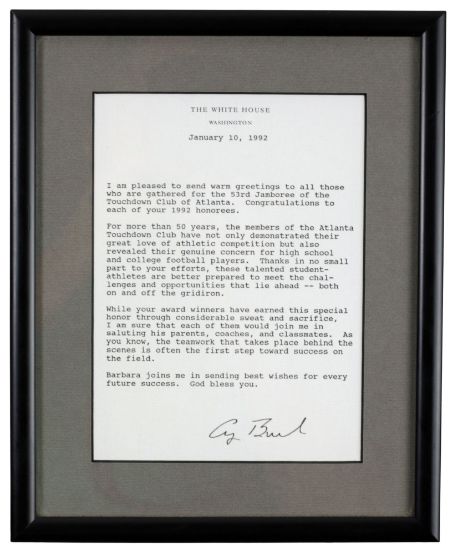 Picture of 1992 Presidential Letter of Congratulations to Touchdown Club of Atlanta, Signed George Bush