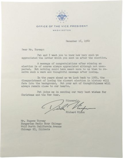 Picture of 1960 Election Letter from Richard Nixon to Eugene Torsay