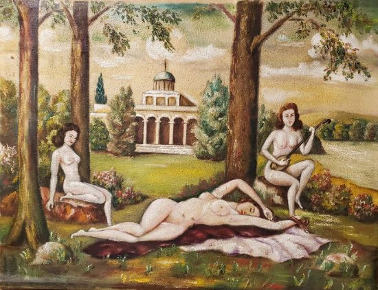 Picture of 1940 Three Graces in Classical Landscape, Oil on Canvas, Signed