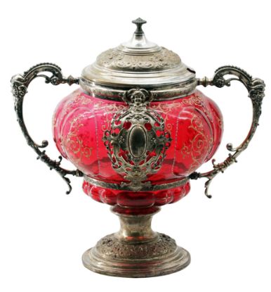 Picture of Antique WMF Cranberry Glass Covered Punch Bowl