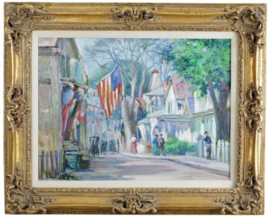 Picture of Edgartown Street Lined with Flags - Framed Oil on Canvas