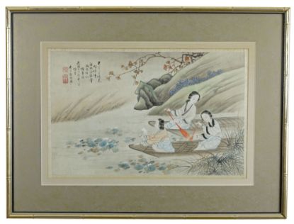Picture of Antique Chinese Gouache of Three Women Paddling on Lotus Pond